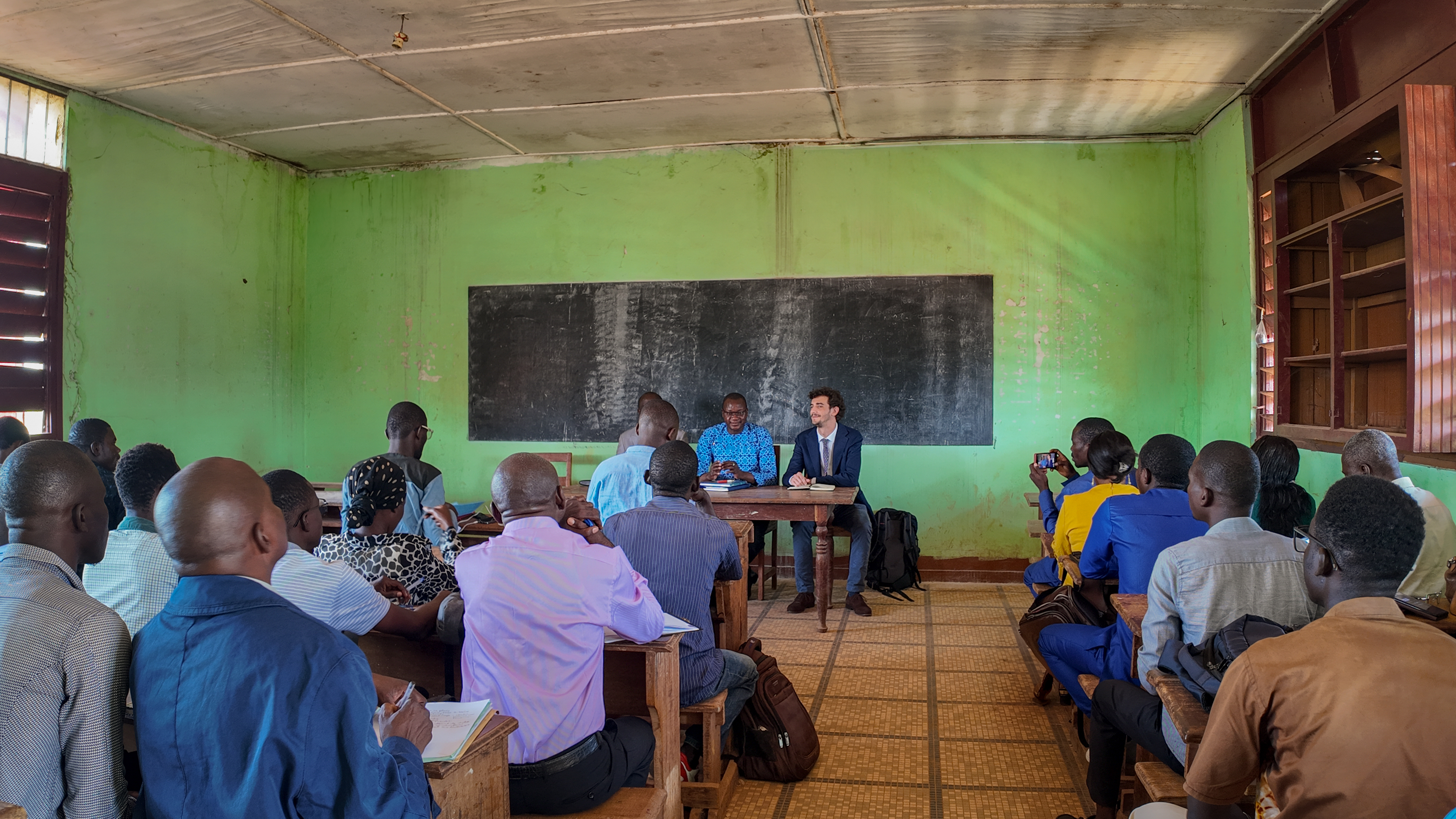 Prof. Boris Yakoubou, KAICIID Field Expert; Professor Augustin Jeremie Doui-Wawaye – Dean Faculty of Law and Political Science at the University of Bangui; Pietro Siena, KAICIID Programme Officer     Engage with Students form the Conflict Resolution Master to listen to their expectations and experience.