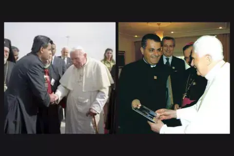 Father Rifat Bader welcomes Pope John Paul II (2000) and Pope Benedict XVI (2009) to Jordan (copyright: abouna.org)