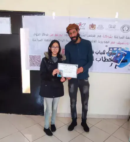 On the right, actor Saleh Ben Salah, accompanied by programme ambassador, Imane Rabeh, Youth Ambassadors against Hate Speech 2.0. (Photo: Jawad Ayet Lemkadam)