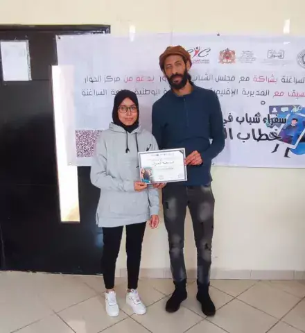 On the right, actor Saleh Ben Salah, accompanied by programme ambassador, Khadija El Arche, Youth Ambassadors against Hate Speech 2.0. (Photo: Jawad Ayet Lemkadam)