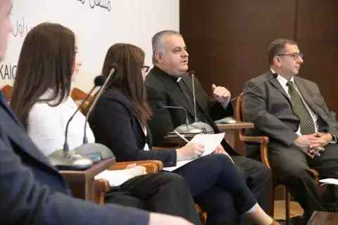 Father Rifat Bader speaking on the panel of KAICIID's Social Media as a Space for Dialogue training in Jordan, 2018