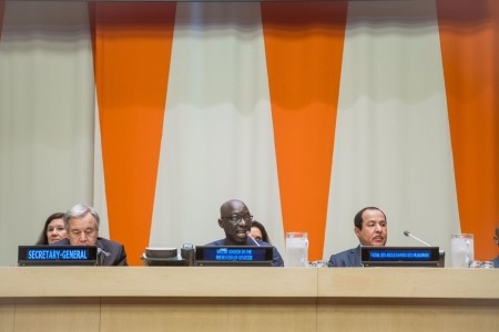 KAICIID Secretary General Faisal Bin Muaammar speaks at the launch of the Plan of Action for Religious Leaders and Actors to Prevent Incitement to Violence that Could Lead to Atrocity Crimes in New York, 14 July 2017. 