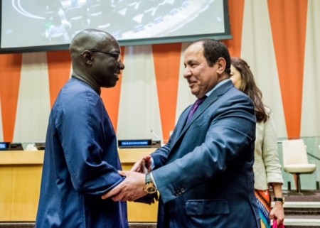 KAICIID Secretary General Faisal Bin Muaammar and United Nations Special Adviser on Genocide Prevention Adama Dieng at a joint event at UN Headquarters in New York, 14 July 2017. Photo: KAICIID/Michael Palma Mir